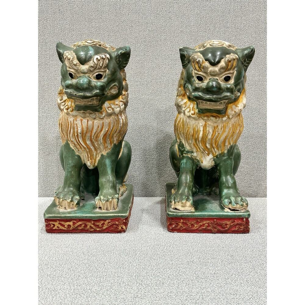 Antique Chinese Foo Dogs Pair 9”‎ Sancai Glazed Guardian Lions Qing Republic Era